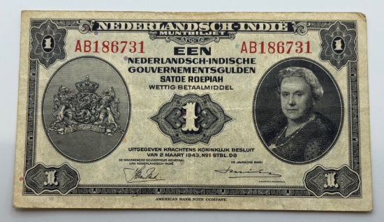 1943 Netherlands Indies 1 Gulden Banknote,  American Bank Note Co.