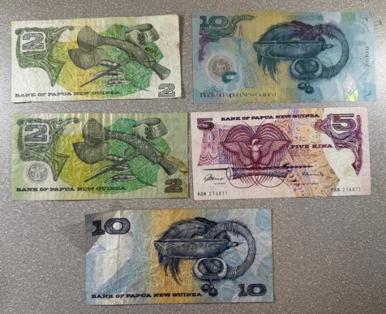 3- Papua New Guinea Kina Banknotes, 2, 5, 10 Denominations, sells times the money