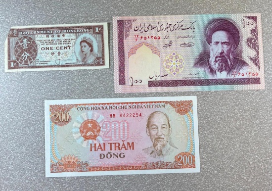 3 pcs- Iran 100 Rials, Vietnam 200 Dong, Hong Kong 1 Cent Banknotes, sells times the money