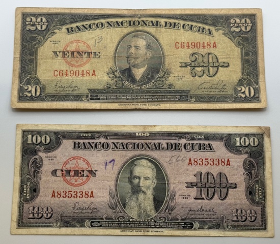 1949 20 Peso & 1950 100 Cuban Pesos, Banco Nacional, sells times the money