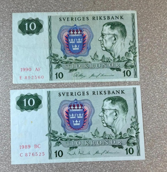 2- 10 Kronor Swedish Banknotes, 1989 & 1990, sells times the money