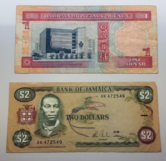 Vintage Bahrain 1973 1 Dinar & 1985 Jamaica 2 Dollar Banknotes, sells times the money