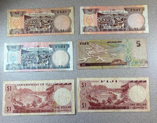 6- Fiji Currency Notes Collection, 1 & 5 Dollar Notes, sells times the money