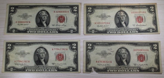 4- 1953 Red Seal $2.00 US notes, 1953, A,B,C, sells times the money