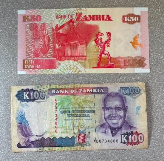 2- Zambia K50 and K100 Currency Notes, sells times the money