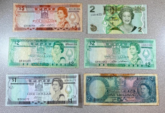6- Fijian Banknotes Collection, 5 Dollars to 5 Shillings, sells times the money