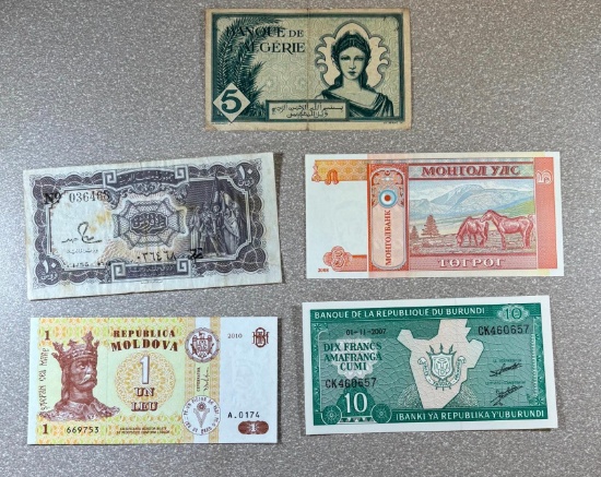 5- Collectible Banknotes from Algeria, Mongolia, Moldova, Burundi, sells times the money
