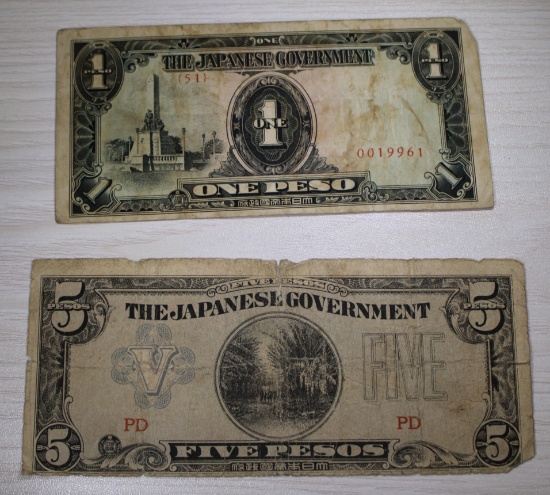 2- Japanese Govt Banknotes, 1 and 5 pesos, sells times the money