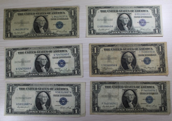 6- Asst Series 1935 Blue Seal Silver Certificates, sells times the money