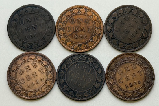 6- Large Canada Cents, 1881H, 1882H, 1884, 1886, 1887, 1888, sells times the money