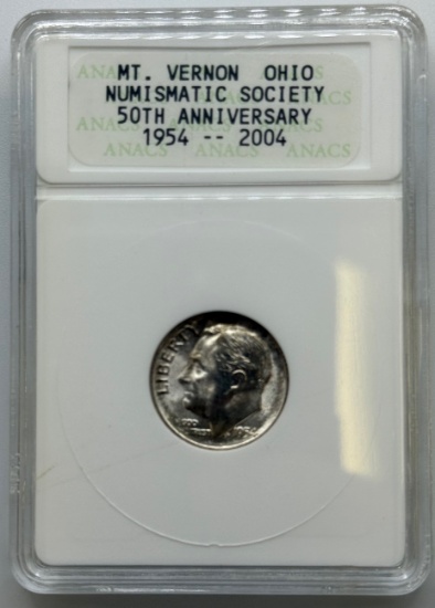 1954 Roosevelt Dime Coin by ANACS, Mt. Vernon Ohio Numismatic Society 50th Anniversary