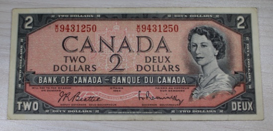 Canada 1954 2 Dollar Banknote, Portrait of Queen Elizabeth II, Serial No. 9431250