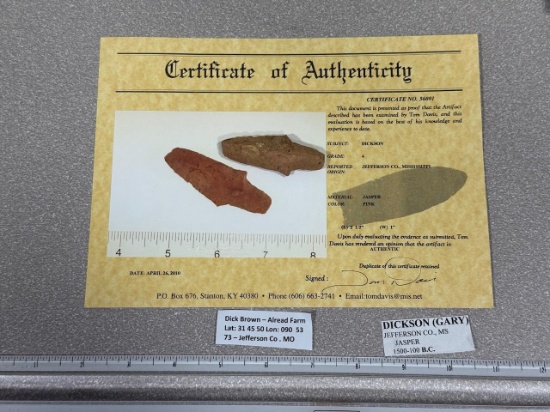 Arrowheads and Artifacts - Dickson Point w/ COA 2 1/2" found in MS