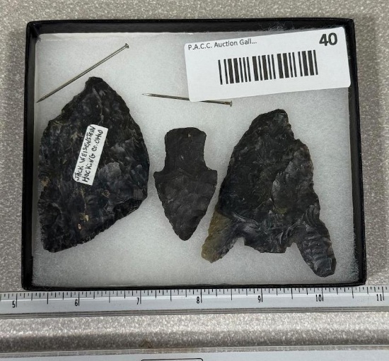Arrowheads and Artifacts - Frame of 3 artifacts from Hocking Co OH largest 3"