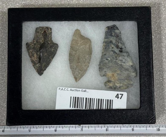 Arrowheads and Artifacts - Frame of 3 points from Hocking Co OH including Paleo dart