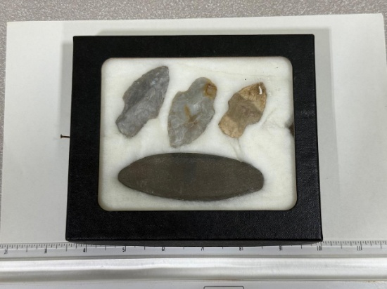 Arrowheads & Artifacts - Frame Licking Co Oh 3 Adena points & undrilled Gorget largest 2" Flintridge