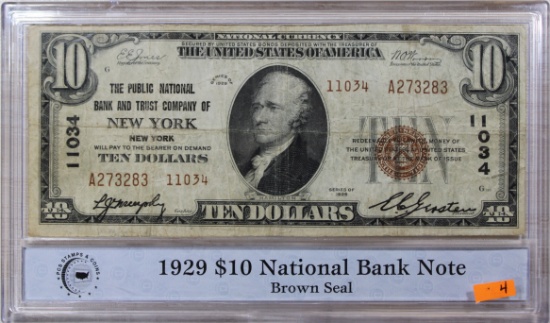 1929 $10 National Bank Note, The Public National Bank and Trust Company of New York in PCS Holder