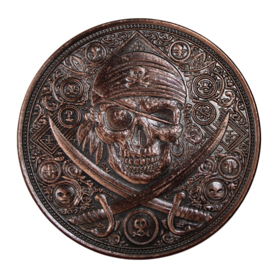 1 Ounce 0.999 Fine Copper Commemorative Coin, Pirate Skull and Ship Design