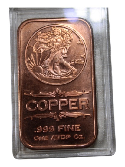 1 oz Copper Bullion Bar, .999 Fine, Walking Liberty Design