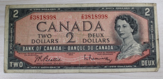 1954 Canadian 2 Dollar Banknote, Bank of Canada, Serial: 3818998