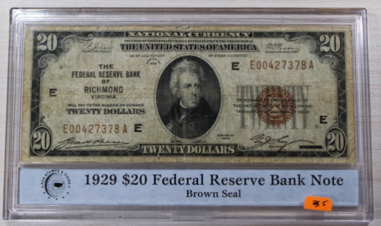 1929 $20 National Bank Note, The Federal Reserve Bank of Richmond Virginia in PCS Holder