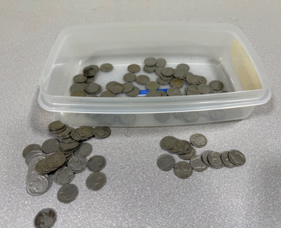 Approx 70 or more Buffalo Nickels, small right pile- weak date, large pile- NO DATE, rest have dates