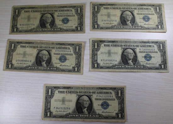 5- 1957 Blue Seal Silver Certicates, sells times the money
