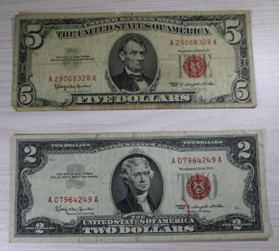 1963 $2.00 and $5.00 Red Seal Notes, sells times the money