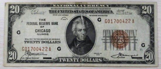 1929 $20 National Bank Note, The Federal Reserve Bank of Chicago Illinois