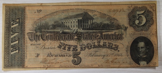 Confederate States of America $5 Note, February 17, 1864