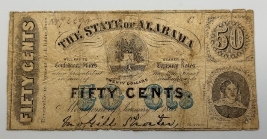 1863 State of Alabama 50 Cents Fractional Confederate Note