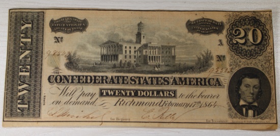 Confederate States $20 Banknote, 1864