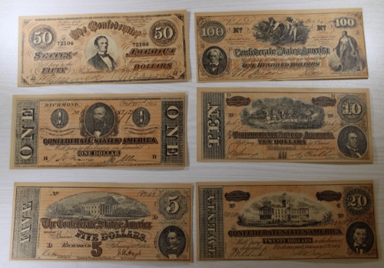 REPRODUCTION Confederate States Banknote Set, all say FACSIMILE on them