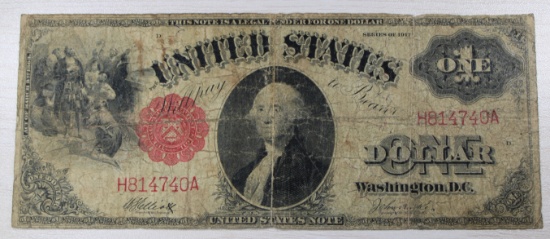 1917 $1 United States Note, Red Seal, Washington Portrait, Large Size