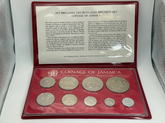 Franklin Mint Coinage of Jamaica 1979 Specimen Set, 9 Denominations, Brilliant Uncirculated