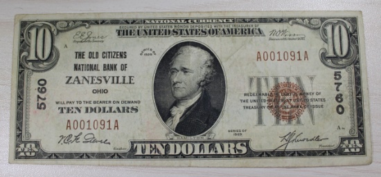 1929 $10 National Currency Banknote, The Old Citizens National Bank Zanesville Ohio