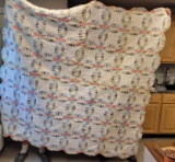 Vintage Double Wedding Ring Quilt, Cotton, Pastel Multicolor, Scalloped Edge by Arch Quilts 80