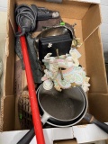 Miscellaneous Box Lot with Ceramic Figurine, Metal Cookware, Red Tool