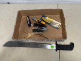 Collection of Folding Knives and Machete with Sawback Edge
