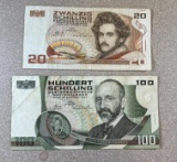 Austrian 20 & 100 Schilling Banknotes, sells times the money