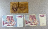 3 pcs- Italian Lira Banknotes, 1000 Lire, and 5 Lire, Banca d'Italia, sells times the money