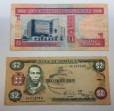 Vintage Bahrain 1973 1 Dinar & 1985 Jamaica 2 Dollar Banknotes, sells times the money