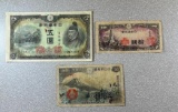 3- Japanese Occupation Currency Notes, 5 Yen, 10 Yen, 50 Sen, sells times the money