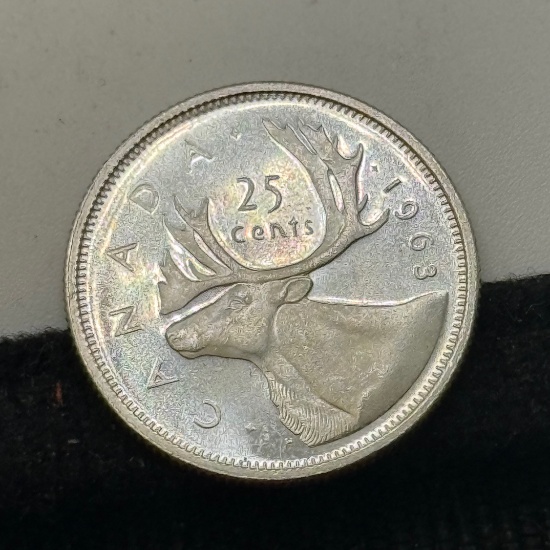 1963 Canada 25 Cents Coin, Silver Composition, Caribou Design