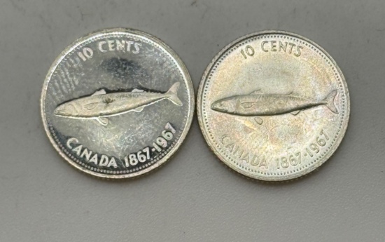 2- 1867 Commemorative Canada Dimes, Silver, sells times the money
