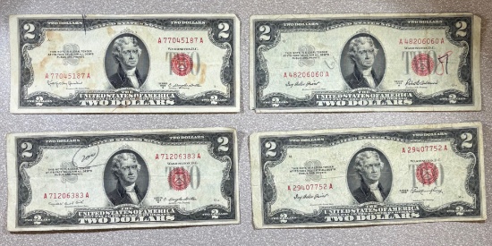 4- 1953 Red Seal $2.00 US notes, 1953, A,B,C, sells times the money