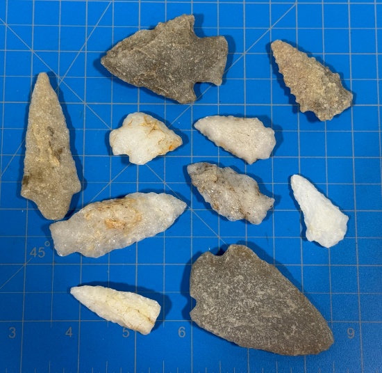 Arrowheads & Indian Artifacts Quartz Points 11 in lot found in Virginia largest 2 3/4"