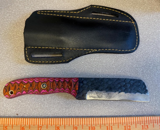 Custom Fixed Blade Utility Knife with Laminated Handle and Leather Sheath