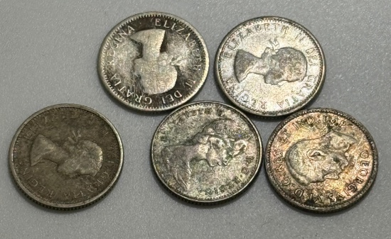 5- Canadian 80% Silver 10-Cent Coins 1945-1964, SELLS TIMES THE MONEY, each coin is .060 ASW