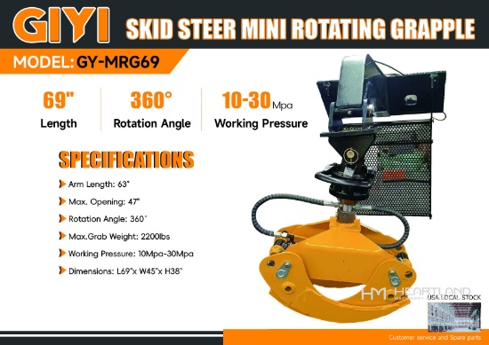 2026 GIYI GY-MRG69 Mini Skid Steer Rotating Gripper (Unused)